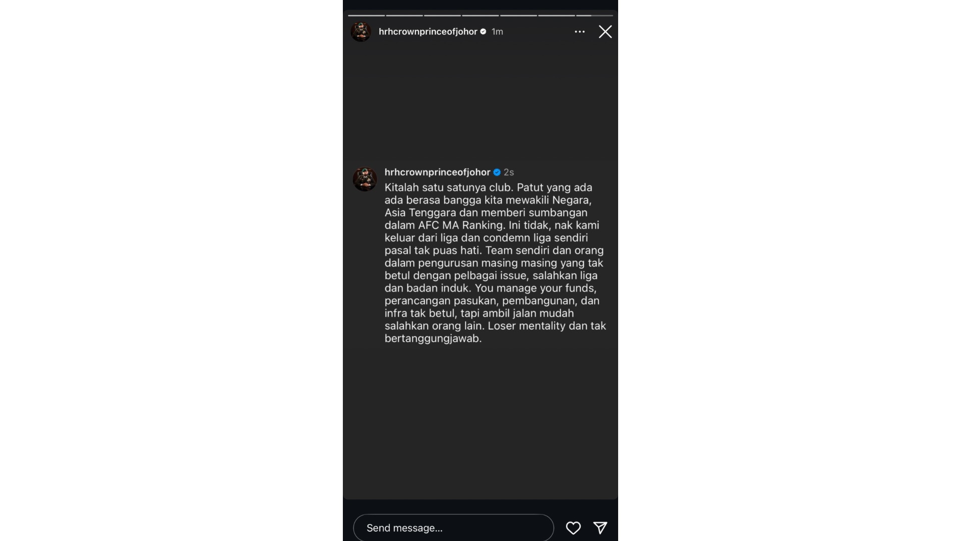 Instastory DYAM Tunku Ismail Tunku Ismail: Patutnya Bangga JDT Wakil Malaysia & Sumbang Mata AFC MA Ranking Instastory DYAM Tunku Ismail Tunku Ismail: Patutnya Bangga JDT Wakil Malaysia & Sumbang Mata AFC MA Ranking