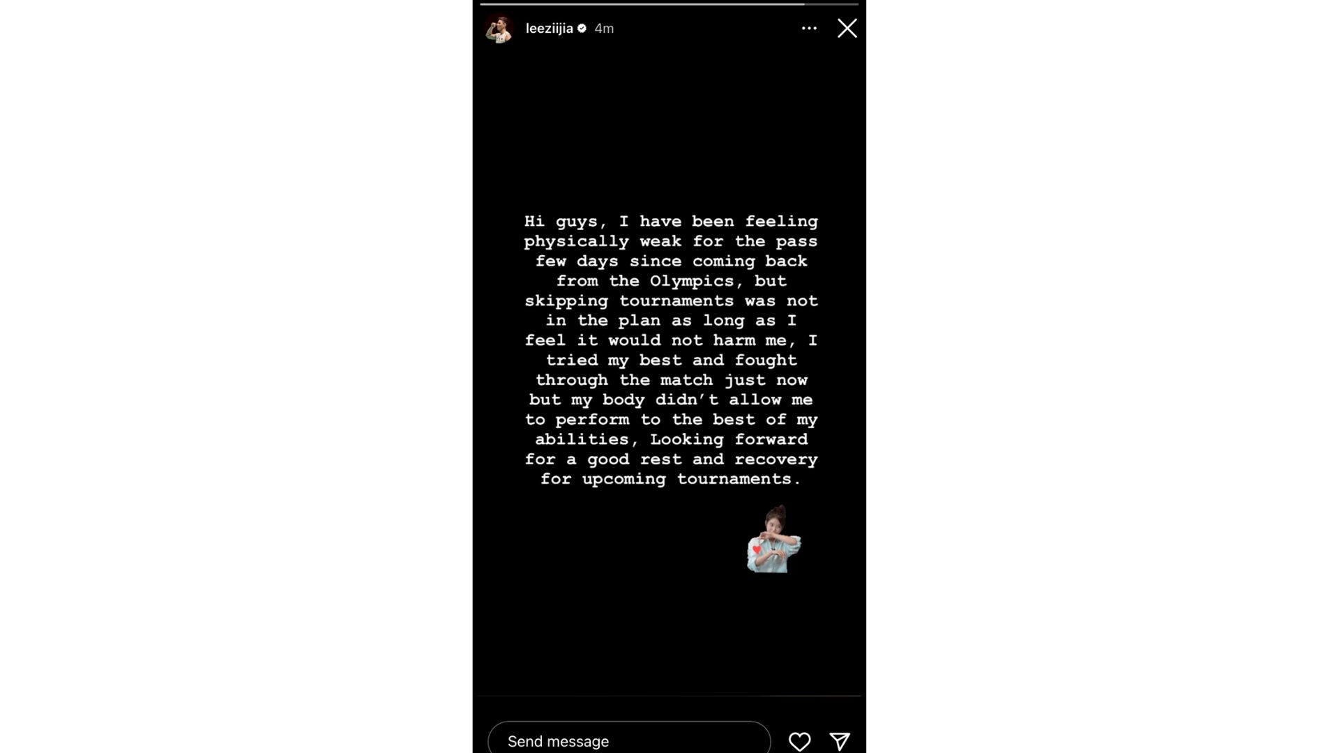 Instastory Lee Zii Jia Lee Zii Jia: Badan Saya Tak Mengizinkan Instastory Lee Zii Jia Lee Zii Jia: Badan Saya Tak Mengizinkan