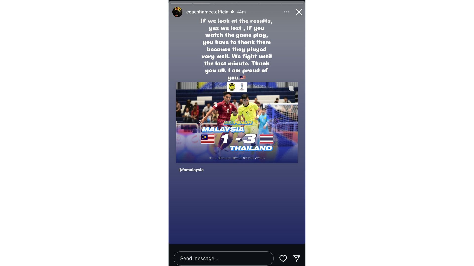 Instastory Rakhpol Sainetngam Jurulatih Malaysia Bangga 'Pemain Berjuang Hingga Saat Akhir' Instastory Rakhpol Sainetngam Jurulatih Malaysia Bangga 'Pemain Berjuang Hingga Saat Akhir'