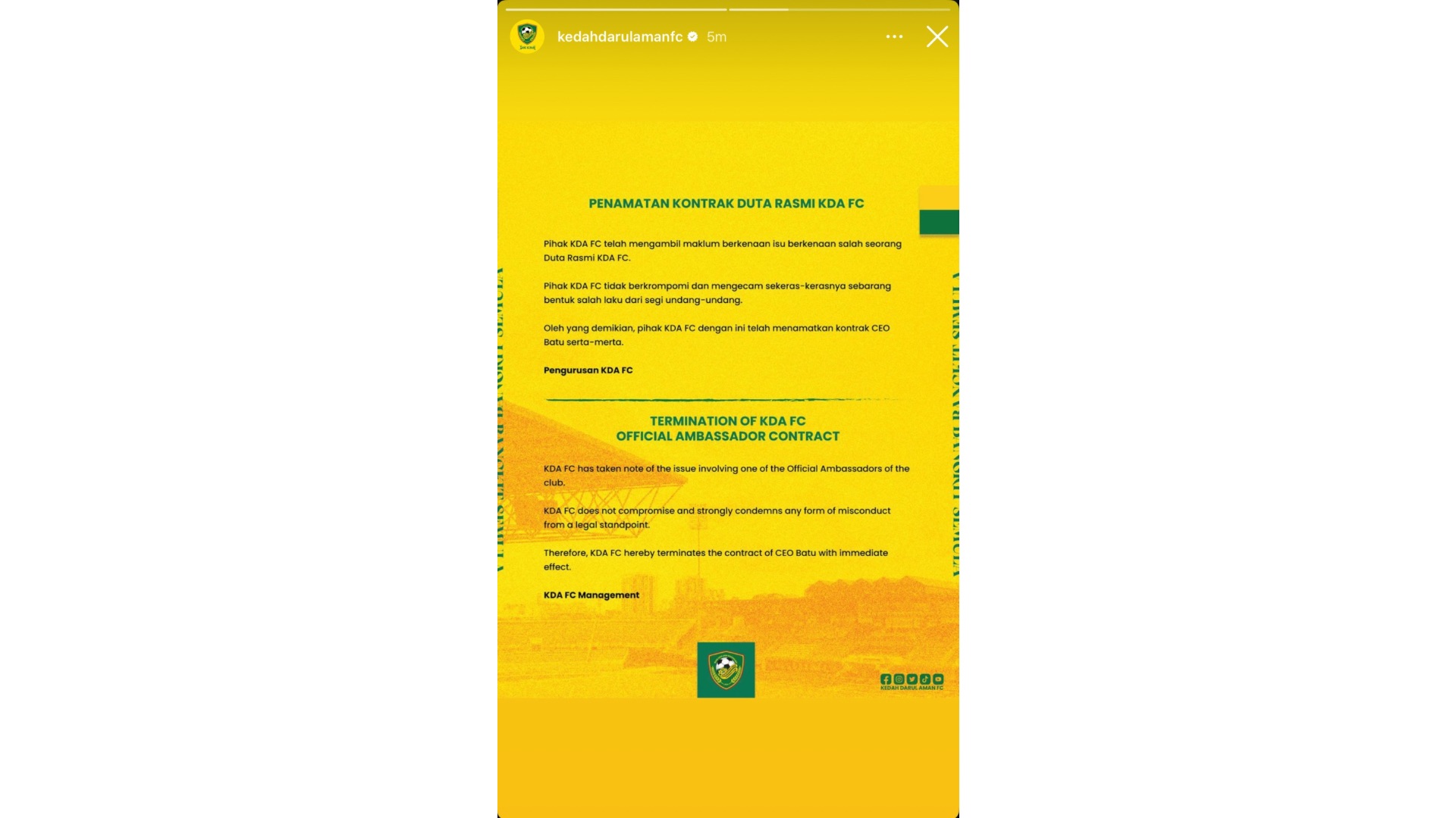 Kenyataan Kedah CEO Batu Kedah Tamatkan Kontrak CEO Batu Serta-Merta Kenyataan Kedah CEO Batu Kedah Tamatkan Kontrak CEO Batu Serta-Merta