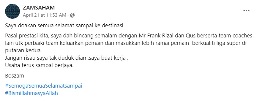 zamsaham 16 Ejen Frank Bernhardt Minta Penyokong Kelantan Bersabar